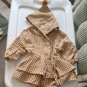 Quincy Mae Brown Gingham Kids Dress and Pom Pom Hat